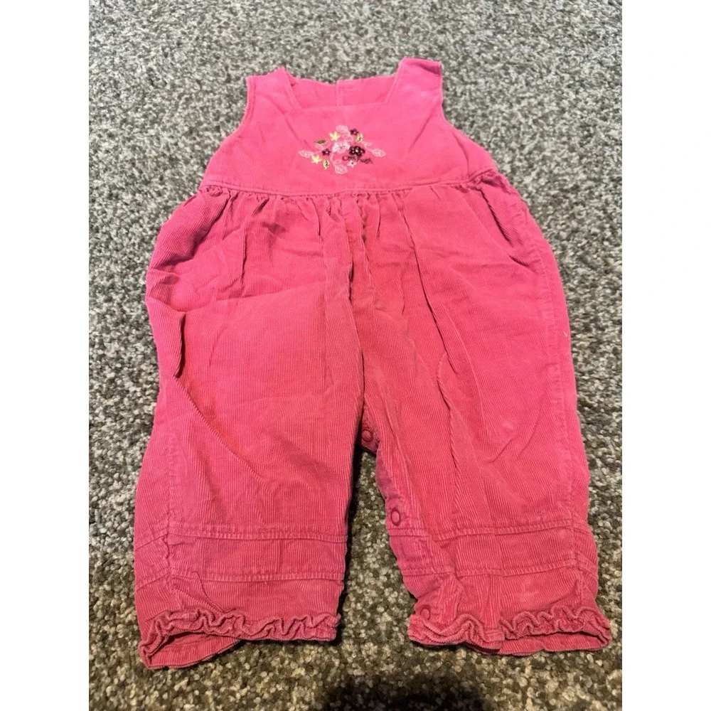 OshKosh Baby Girl Pink Corduroy Floral Embroidered Ruffle Overalls 3-6 Months
